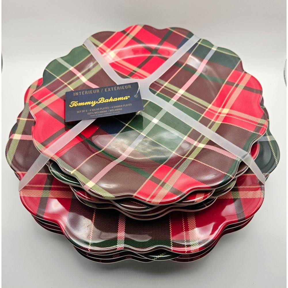 Tommy Bahama Plaid Scalloped Melamine Plate Set 4 Dinner & 4 Salad Plates NEW